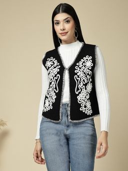 Mafadeny - Women Black Floral Embroidered Front-Open Jacket Style Top