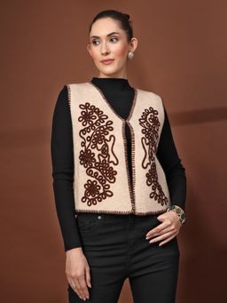 Mafadeny - Women Brown Floral Embroidered Front-Open Jacket Style Top