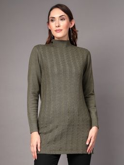 Mafadeny - Women Olive Cable Knit Textured Longline Top