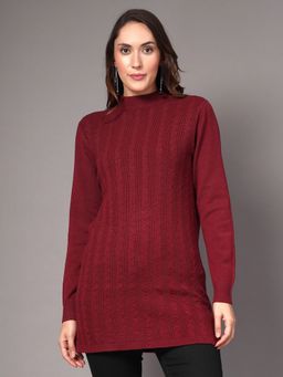 Mafadeny - Women Maroon Cable Knit Textured Longline Top