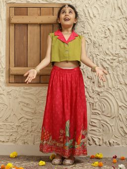 Bugandbees - Multi-Color Cotton Printed Blazer With Lehenga