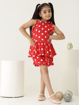 Bugandbees - Red Viscose Rayon Polka Dots Co Ord Set