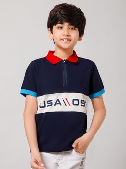 Alan Jones - Navy Blue Cotton Blend Colorblock Polo T-Shirt