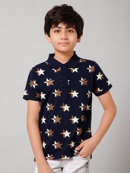 Alan Jones - Navy Blue Cotton Blend Graphic Polo T-Shirt