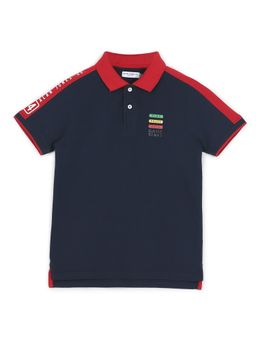 Alan Jones - Navy Blue Cotton Blend Printed Polo T-Shirt