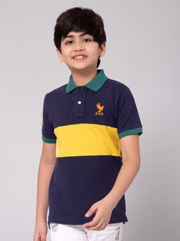 Alan Jones - Navy Blue Cotton Blend Colorblock Polo T-Shirt