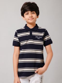 Alan Jones - Navy Blue Cotton Blend Stripes Polo T-Shirt