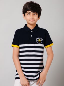 Alan Jones - Navy Blue Cotton Blend Stripes Polo T-Shirt