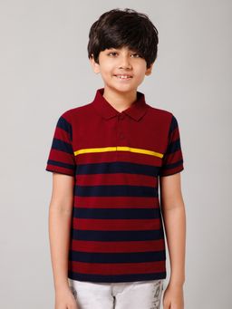 Alan Jones - Maroon Cotton Blend Stripes Polo T-Shirt