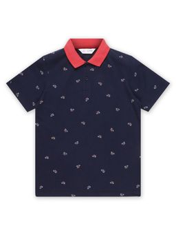 Alan Jones - Navy Blue Cotton Blend Printed Polo T-Shirt