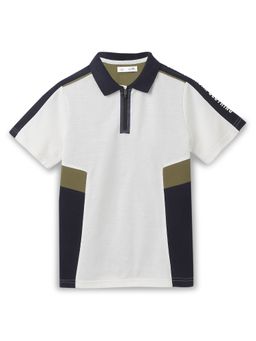 Alan Jones - Off White Cotton Blend Colorblock Polo T-Shirt