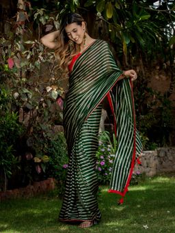 HOUSE OF JAMOTI - Bottle Green Viscos Saree (Set of 2)