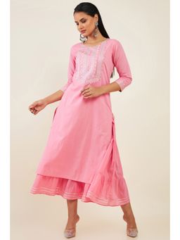 Soch - Women Pink Cotton Embroidered Dress Kurta