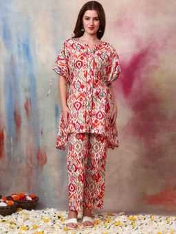 Gahan - Women Cotton Slub Printed Kaftan Kurta with Trouser