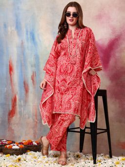 Gahan - Women Cotton Slub Red Printed Kaftan Kurta with Trouser