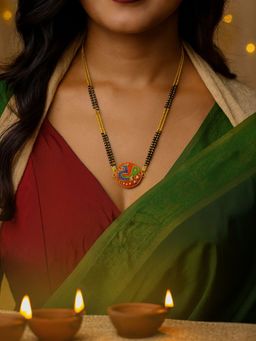 Digital Dress Room - Gold Plated Short Mangalsutra Designs Enamel Peacock Pendant Black Beads Chain