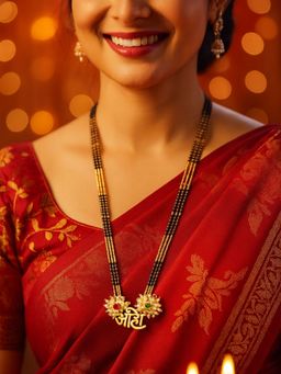 Digital Dress Room - Gold Plated Long Mangalsutra Designs 'aho Name Pendant Black Beads Chain