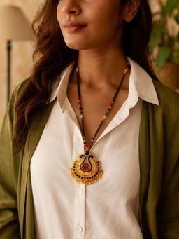 Digital Dress Room - Gold Plated Long Mangalsutra Designs Peacock Pendant and Pearl Black Beads Chain