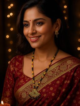 Digital Dress Room - Gold Plated Long Mangalsutra Designs and Earrings Set Flower Pendant for Women