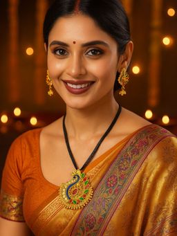 Digital Dress Room - Gold Plated Long Mangalsutra Designs And Earrings Set Peacock With Pearl