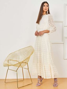 Styli - Beige 3/4 Sleeves Dobby A-line Maxi Dress With Keyhole Detail