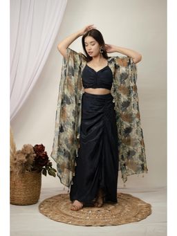 Wishishth - Womens Black Kaftan with Stitched Blouse and Skirt (Set of 3)