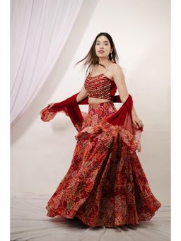 Wishishth - Womens Red Stitched Blouse with Lehenga and Dupatta (Set of 3)