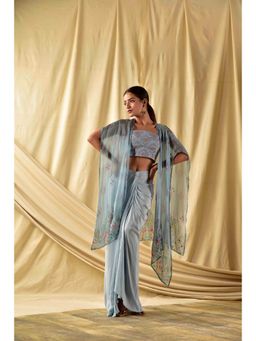 Wishishth - Womens Blue Stitched Blouse with Cape and Lehenga (Set of 3)