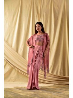 Wishishth - Womens Pink Stitched Blouse with Cape and Lehenga (Set of 3)