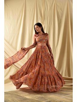 Wishishth - Womens Multi-Color Stitched Drape Blouse with Lehenga (Set of 2)