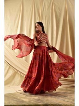 Wishishth - Womens Red Stitched Blouse with Lehenga and Dupatta (Set of 3)