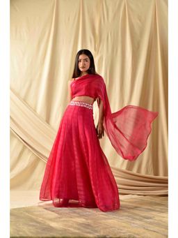 Wishishth - Womens Pink Stitched Drape Blouse with Lehenga (Set of 2)