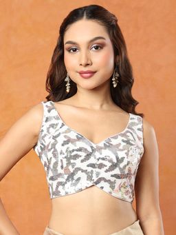 SALWAR STUDIO - White Georgette Metallic Sequin Sleeveless Stitched Blouse