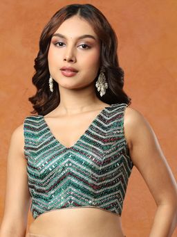 SALWAR STUDIO - Green V-Neck Sleeveless Mirror Work Embroidered Stitched Blouse