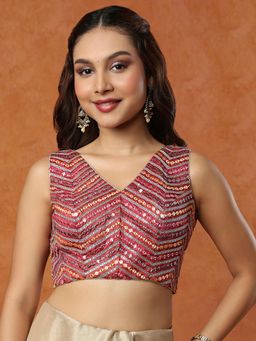 SALWAR STUDIO - Red V-Neck Sleeveless Mirror Work Embroidered Stitched Blouse