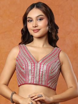 SALWAR STUDIO - Pink V-Neck Heavy Embellished Bridal Stitched Blouse