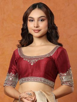 SALWAR STUDIO - Maroon Embroidered Round Neck Stitched Blouse
