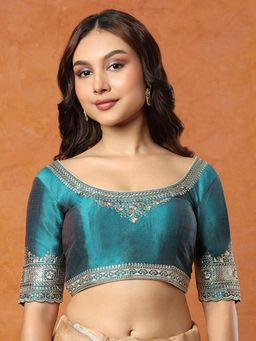 SALWAR STUDIO - Rama Teal Embroidered Round Neck Stitched Blouse