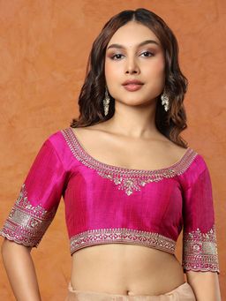 SALWAR STUDIO - Pink Embroidered Round Neck Stitched Blouse