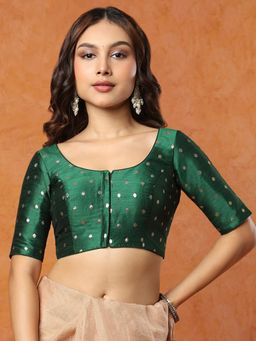 SALWAR STUDIO - Bottle Green Round Neck Brocade Stitched Blouse