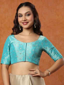 SALWAR STUDIO - Light Blue Tissue Round Neck Stitched Blouse