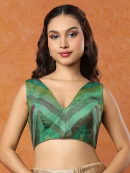 SALWAR STUDIO - Green Tissue V-Neck Sleeveless Stitched Blouse