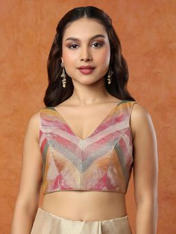 SALWAR STUDIO - Multi-Color Tissue V-Neck Sleeveless Stitched Blouse