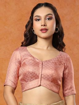 SALWAR STUDIO - Rose Gold Brocade Round Neck Elbow Sleeves Stitched Blouse