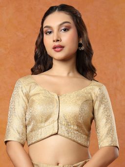 SALWAR STUDIO - Gold Brocade Round Neck Elbow Sleeves Stitched Blouse