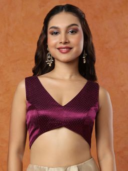 SALWAR STUDIO - Wine Silk V Neck Sleeveless Stitched Blouse