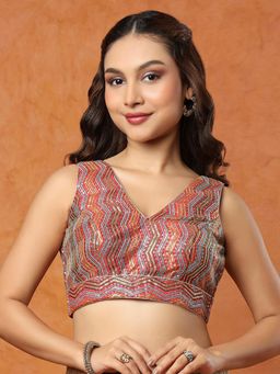 SALWAR STUDIO - Red Embroidered V Neck Sleeveless Stitched Blouse