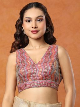 SALWAR STUDIO - Pink Embroidered V Neck Sleeveless Stitched Blouse