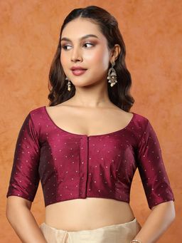 SALWAR STUDIO - Wine Taffeta Round Neck Stitched Blouse
