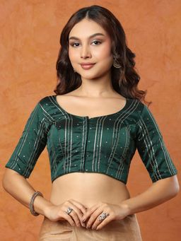 SALWAR STUDIO - Green Taffeta Round Neck Stitched Blouse